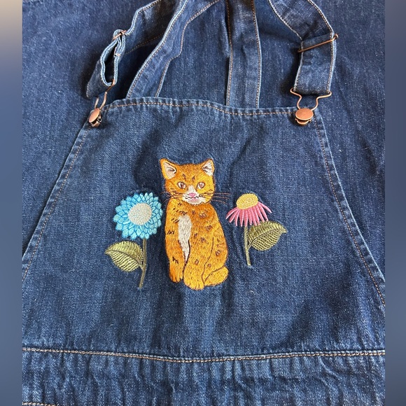 Modcloth Princess Highway Embroidered Cat Denim Overalls Sz 14 NWOT - Picture 7 of 7